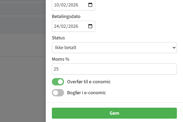 Skærmbillede der viser at man kan overføre en faktura til e-conomic med ét klik i TIMElight.