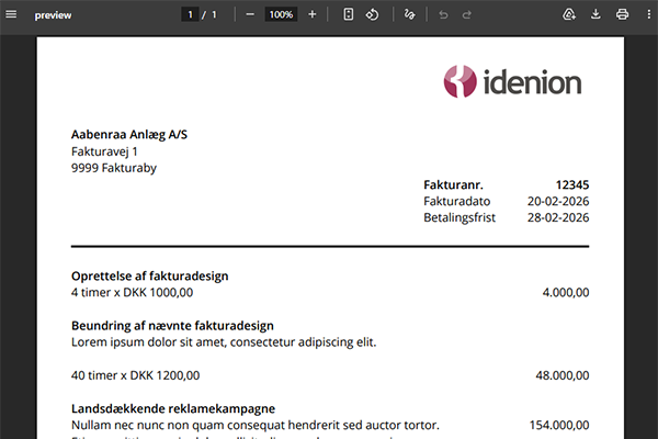 Skærmbillede af fakturadesigner i TIMElight.