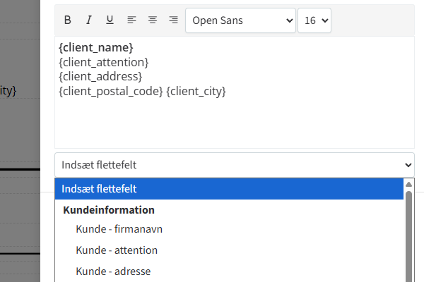 Skærmbillede af fakturadesigner i TIMElight.
