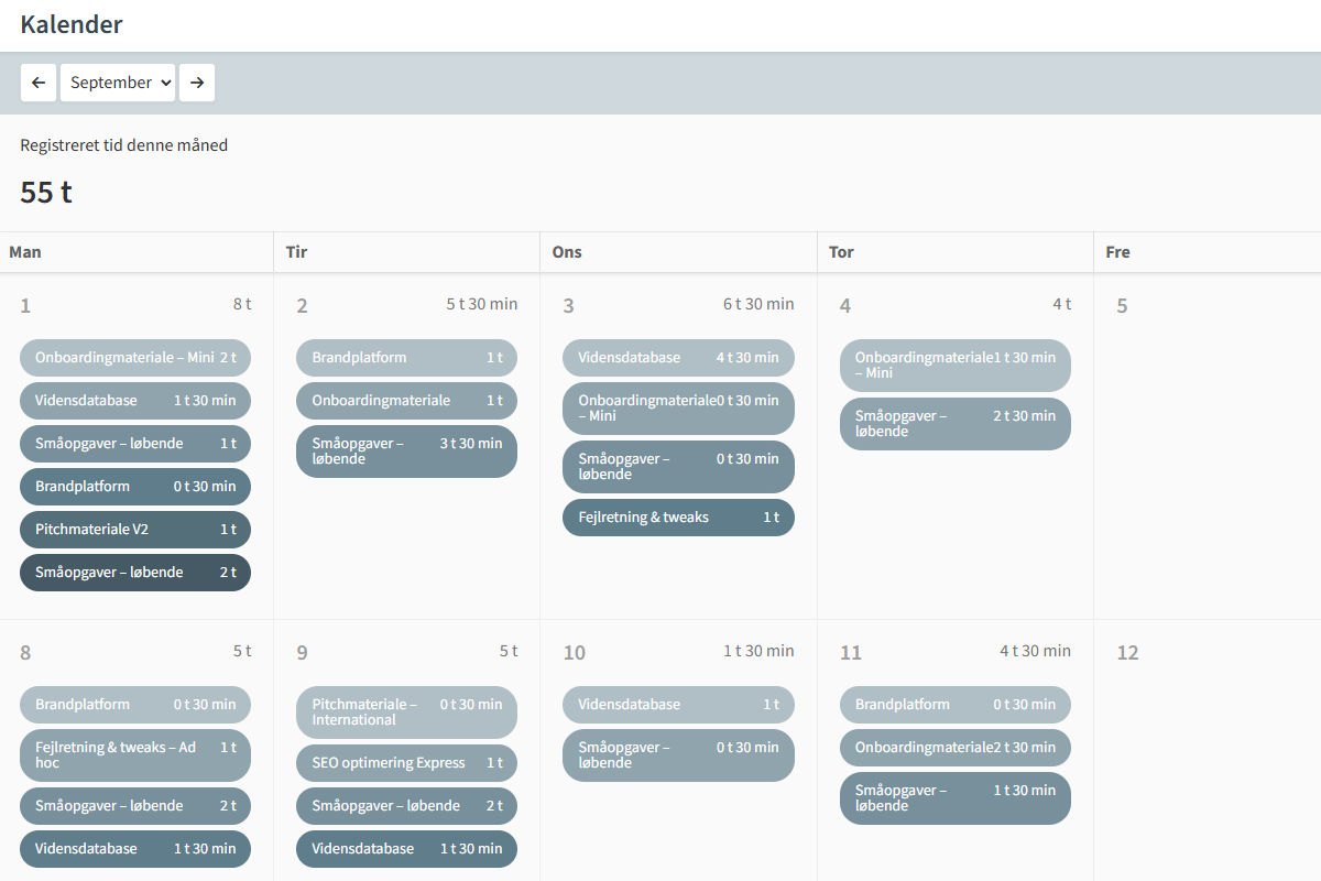 Skærmbillede af rapporten "Kalender" i TIMElight.