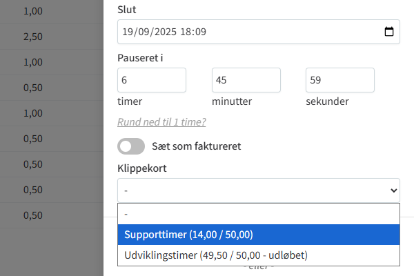 Skærmbillede af funktionen "klippekort" i TIMElight tidsregistrering.