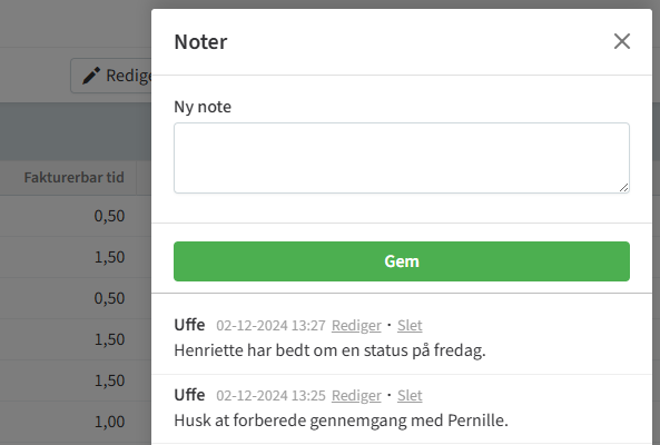 Skærmbillede af notefunktionen i TIMElight tidsregistrering.