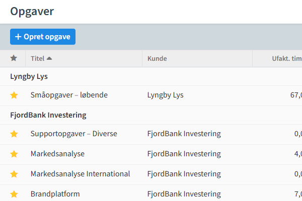 Skærmbillede af opgaveliste i TIMElight tidsregistrering.