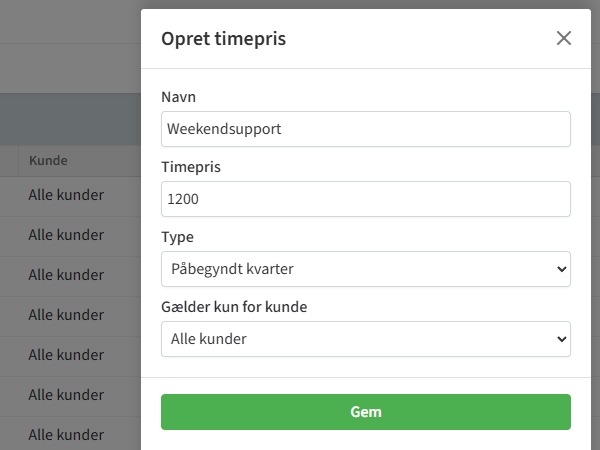 Skærmbillede af "Opret timepris" i TIMElight tidsregistrering.