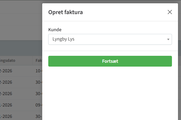 Skærmbillede af fakturaoprettelse i TIMElight. Trin 1: Vælg kunde.