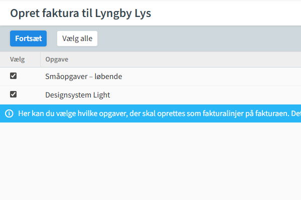 Skærmbillede af fakturaoprettelse i TIMElight. Trin 2: Vælg evt. opgaver, der skal afregnes.