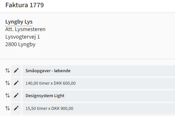 Skærmbillede af fakturaoprettelse i TIMElight. Trin 3: Lav evt. tilpasninger af fakturalinjer.