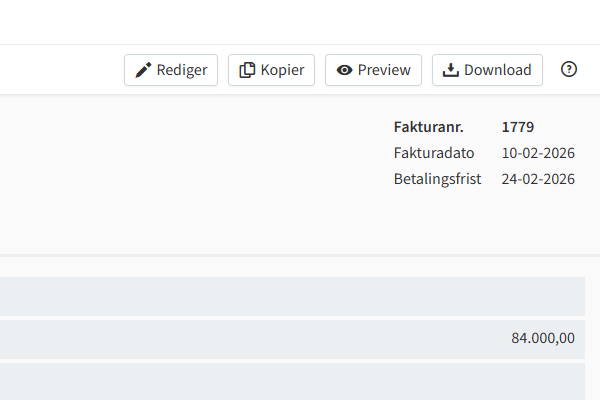 Skærmbillede af fakturaoprettelse i TIMElight. Trin 4: Download faktura som PDF.