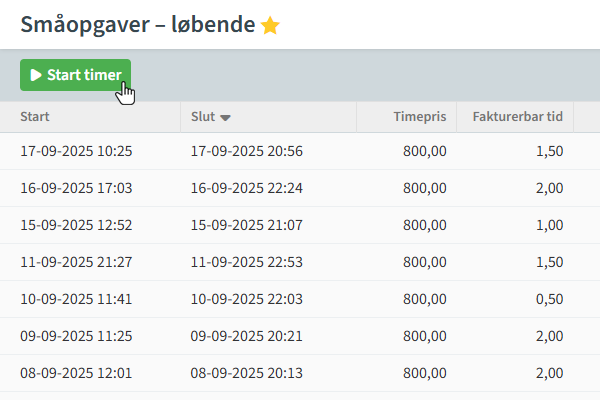 Skærmbillede af "Start timer" knap i TIMElight tidsregistrering.